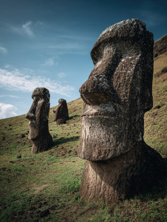 Three weathered stone sculptures stand on a grassy hillside under a blue sky. The statues show rough textures and are various sizes, placed at different distances. This image portrays an outdoor setting with sunlight and shadow play, possibly used in travel, historical publications, or related digital media.の素材