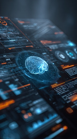 An illustration features a digital brain representation at the center of a user interface. The composition displays neon blue and orange details against a dark background, suggesting a technology-focused context. It could be suitable for articles related to science or innovation.の素材