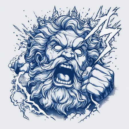 This illustration showcases a fierce male face surrounded by stylized lightning. The artwork features bold linework, predominantly blue, with a dynamic composition suggesting energy and power. The style evokes a feeling of intense emotion. Suitable for a variety of editorial or commercial projects.の素材