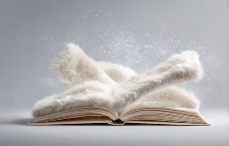 An open book rests with abstract white furry shapes emerging against a light gray backdrop. The scene presents a soft, diffused lighting and a clean, minimalist composition. This image could be suitable for illustrations on creativity, imagination, fantasy, or educational topics. It's likely applicable to both commercial and editorial contexts.の素材