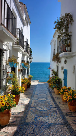 A view of a narrow street flanked by white buildings with balconies and potted plants. The image showcases bright sunlight and a blue sky, leading to an open view of a vast ocean. Suitable for illustrating travel themes, architectural studies, or general lifestyle content, offering a sense of openness.の素材
