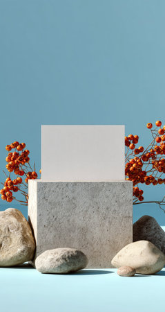A minimalist composition showcases a stone block display with a blank card, accented by orange berries and smooth rocks. The scene features a pale blue backdrop, emphasizing natural textures and soft lighting. This versatile image is suitable for product presentations, advertising, and editorial content, offering a clean and modern aesthetic.の素材