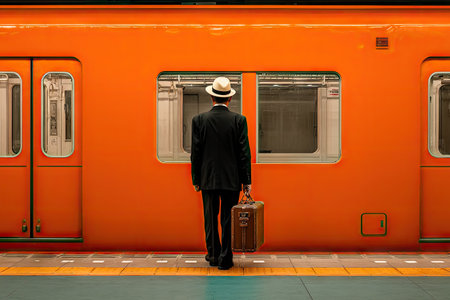 A man in a suit and hat stands facing a vibrant orange train. He holds a briefcase while waiting. The composition showcases a linear perspective with the train's windows. This photo highlights contrasting colors and a sense of anticipation, suitable for various editorial and commercial applications.の素材