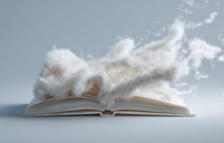 An open book is presented with a large cloud-like form emerging from its pages. The composition displays a clean, minimalist style against a soft blue backdrop. The imagery uses diffused lighting and a neutral palette. It is suitable for projects related to learning, creativity, or conceptual illustration.の素材