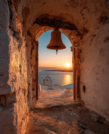 A bronze bell hangs within a stone arch, offering a view of a serene seascape at sunset. The image showcases warm colors, textured stone, and soft lighting. This composition, with its architectural framing, suggests a sense of history and peacefulness, suitable for various editorial and commercial applications.の素材