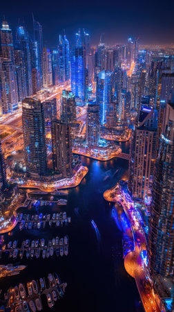 An aerial view presents a contemporary cityscape dominated by towering structures. The scene is awash with cool blues and warm oranges from artificial lighting. The composition features a waterway, and a highway. The scene suggests a bustling urban center, suitable for diverse commercial applications.の素材