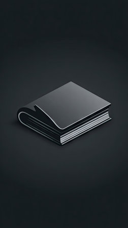A dark, minimalist illustration features a closed book with a blank cover. The image is rendered with a smooth texture and uses a limited color palette dominated by shades of gray. The composition is simple, with the book centrally positioned against a dark background, suitable for editorial and commercial use.の素材