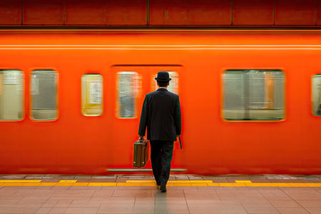 A man in a suit is seen from behind walking away from a bright orange train. The image highlights the man's silhouette against the vibrant backdrop. The scene evokes a sense of travel and transit. It could be used for various commercial projects related to transportation and business.の素材