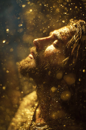A man is captured in a close-up shot, gazing upwards. The image is suffused with a golden light and features an abundance of sparkling particles. The style is artistic and the composition is focused on the man's face and upper body. It could be suitable for visual concepts, editorial content or thematic projects.の素材