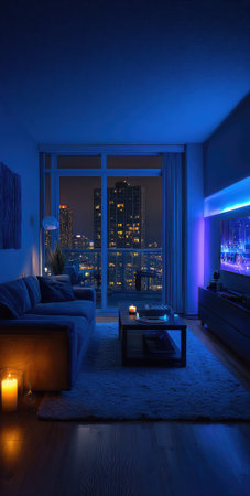 An interior shot showcases a modern living room featuring a large window overlooking a cityscape. The scene is bathed in cool blue and warm orange light, highlighting the furniture and decor. The composition presents a sense of spaciousness, suitable for various editorial and commercial applications. The design combines contemporary elements with a relaxing environment.の素材