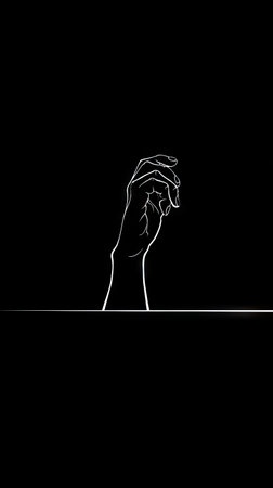 An elegant line drawing presents a hand gesturing against a stark black backdrop. The monochromatic image features white linework creating a sense of depth and form. This artistic composition is suitable for various applications, including design projects, editorial layouts, and abstract concepts.の素材