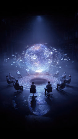 A group of people are seated in a circle, facing a large, illuminated sphere that dominates the center. The lighting is focused and dramatic, highlighting the subjects and the central object. The composition suggests a science fiction or futuristic theme. This imagery is suitable for conceptual illustrations in diverse media.の素材