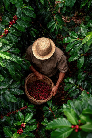 An overhead view reveals a person gathering coffee cherries within a dense green environment. The image features a natural color palette, with vibrant green foliage and the reddish hue of the coffee beans in a woven basket. This composition, with its high angle, could be used for agricultural or commercial projects.の素材