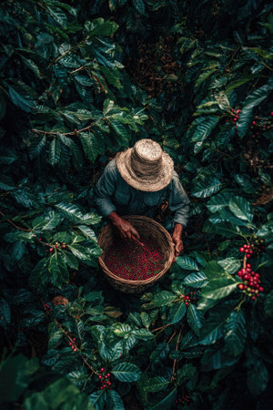 An aerial perspective shows a person amidst vibrant green foliage, likely in an outdoor environment. The individual is occupied, possibly collecting or sorting the crop, with a basket visible. The scene uses natural lighting, and the rich colors suggest a focus on the agricultural process suitable for various commercial or editorial applications.の素材