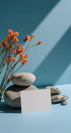 An arrangement features orange flowers, smooth stones, and a blank white card, set against a solid blue backdrop. The scene uses natural sunlight to create shadows, highlighting textures. This image is suitable for various commercial uses, including advertising and editorial content.の素材