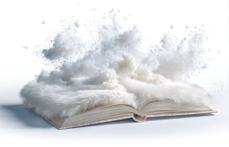 An open book is the central subject of this image, with white cloud-like elements erupting from its pages. The composition features a clean, bright aesthetic. The lighting appears soft, indicating a studio setup. Suitable for illustrating ideas related to education, imagination, or literary themes, the image has versatile editorial uses.の素材