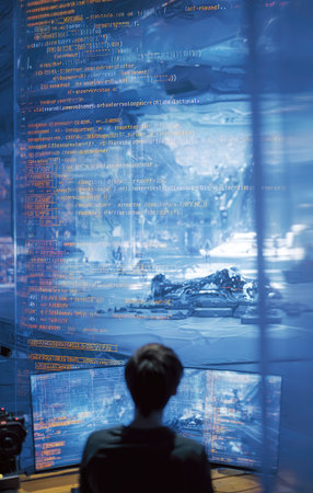 A person is shown in front of multiple screens displaying code and graphical representations. The scene exhibits a cool color palette with predominantly blue hues, suggesting a tech-focused environment. This image could be used in editorial contexts, such as articles discussing technological innovation or digital interface design.の素材