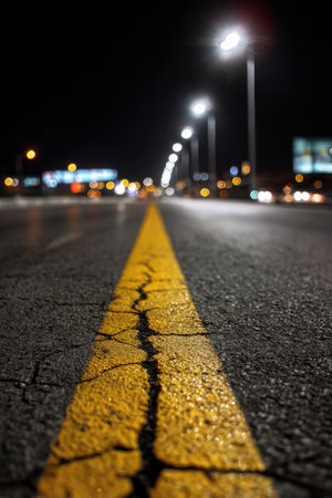An asphalt road is marked by a prominent yellow line, leading towards a distant cityscape. The image features shallow depth of field, with soft focus on the blurred lights of buildings and street lamps. The scene evokes a night time setting, lit with artificial lighting suitable for editorial and commercial applications.の素材