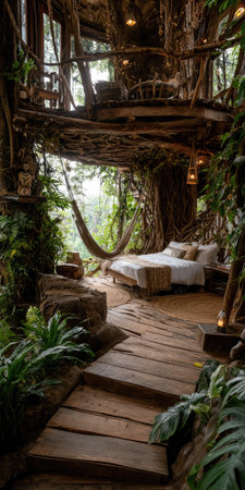 This image showcases a unique treehouse bedroom, integrating natural elements like wood and lush greenery. The scene features a bed, hammock, and pathways, lit by soft natural light. This setup would be suitable for editorial content, interior design projects, or travel-related visual materials promoting a tranquil escape.の素材