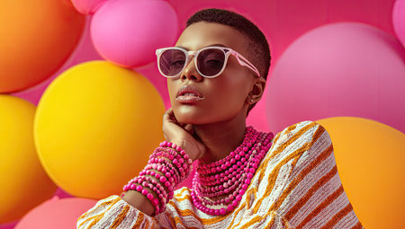 A woman wearing sunglasses and jewelry poses in front of a backdrop of colorful balloons. The image features a bright and vibrant color palette with pink, yellow, and orange hues. It may be suitable for fashion, beauty, or lifestyle related commercial or editorial projects. The lighting appears to be soft and diffused.の素材