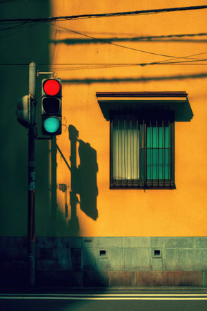 A traffic signal displays a red and green light set against a textured, yellow building facade. The image shows a side view of a window with a shadow. The scene uses natural sunlight, creating stark shadows. Suitable for various commercial applications, the image presents architectural and urban elements.の素材