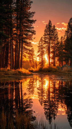 A vibrant sunset illuminates a tranquil scene of trees reflected in water. The composition showcases tall trees in silhouette against a colorful sky with shades of orange and yellow. It suggests a calm outdoor environment. This image could be used for various projects.の素材