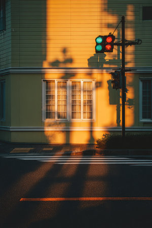 A traffic signal stands against a building's facade, casting a strong shadow. Sunlight bathes the scene, creating a warm, golden hue on the wall and asphalt. The composition highlights the geometric forms of architecture and urban infrastructure, suitable for diverse uses.の素材
