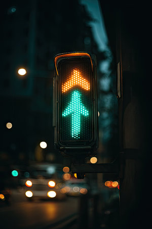 An illuminated traffic signal displays a green upward arrow, juxtaposed against a dark urban setting. The composition emphasizes the signal's color and form with its orange and green lighting. The image suggests various applications, including editorial content or projects related to transportation and urban infrastructure.の素材