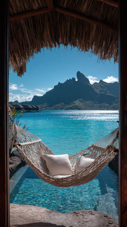 A hammock hangs invitingly, offering a serene view of vibrant turquoise waters and majestic mountains. The scene is framed by a rustic wooden structure, creating a sense of enclosure. The composition captures the vivid colors of a bright day with a focus on relaxation and leisure. This image could be suitable for travel, vacation, or relaxation themes.の素材