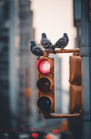 Three pigeons are perched on a traffic light, illuminated by sunlight. The image features a shallow depth of field, with soft focus on the background buildings and blurred street lights. The color palette includes shades of grey, brown, and red, suitable for editorial and commercial use.の素材