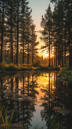 A picturesque landscape presents a calm lake reflecting tall trees against a vibrant sunset. The composition features a vertical perspective, with warm hues of orange and yellow blending with the darker greens of the trees. The image evokes a sense of peace and natural beauty, suitable for editorial and design projects.の素材