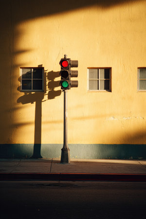 A traffic signal displays a red and green light against a yellow wall, with shadows cast by sunlight. The scene includes windows and a sidewalk, creating a clean composition. Suitable for illustrative use, the image is versatile for various commercial or editorial projects.の素材