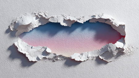 A close-up view displays a paper tear, revealing a colorful gradient. The torn edges create a rough texture in white, contrasting with the smooth, blended hues of the underlying color. The composition focuses on form and color, suggesting potential use in various design projects.の素材