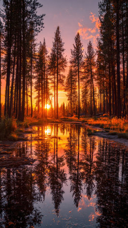 A forest scene captures a sunset casting warm hues across the water. Tall trees stand in silhouette, reflecting in the still water below. The composition uses symmetry with vertical lines and a horizontal plane. Its visual qualities of color and reflection can be used in numerous commercial or editorial applications.の素材