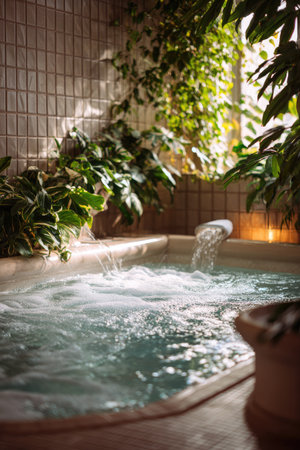 An interior shot showcases a spa setting featuring clear, flowing water and a variety of green, leafy plants. The scene is illuminated by warm ambient light, creating a serene environment. This image is suitable for various commercial uses, including wellness, relaxation, and interior design projects.の素材