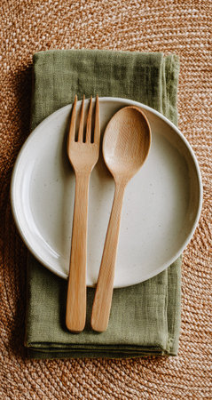 A wooden spoon and fork rest on a white plate atop a folded green napkin. The arrangement sits on a textured, light brown surface. The image exhibits a minimalist aesthetic, with natural lighting enhancing the soft textures. Ideal for illustrating culinary themes or dining concepts, the photograph suits various commercial uses.の素材