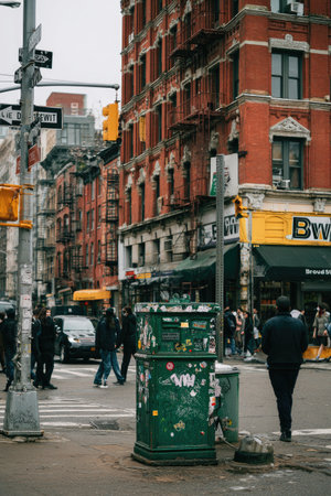 A street scene is observed featuring multi-story buildings and traffic signals under an overcast sky. The composition showcases a diverse range of architectural styles, with vibrant colors from street-level infrastructure. This image may be suitable for editorial content, websites, or promotional material, conveying a sense of urban life.の素材