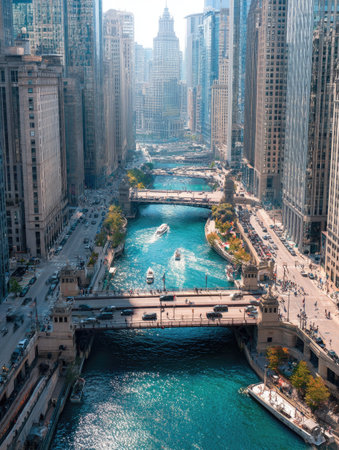 An aerial view presents a vibrant city scene with a river winding through the urban landscape. Bridges span the waterway, connecting the tall buildings. The composition features a blue-green river, bathed in sunlight. This image could be used for architectural, travel, and urban design projects.の素材