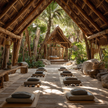 An inviting yoga studio, bathed in sunlight, showcases a series of mats ready for practice. The scene features a wooden structure with a thatched roof, surrounded by lush vegetation, stone elements and sand. The composition offers a sense of peace and natural harmony suitable for wellness or lifestyle imagery.の素材