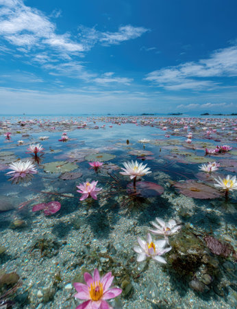 An overhead view reveals numerous water lilies with pink and white petals floating in clear water. The scene is illuminated by natural sunlight, showcasing the aquatic plants and their lily pads. This idyllic natural setting suggests a serene outdoor environment, suitable for various editorial and commercial applications.の素材