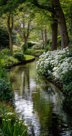 A serene landscape depicts a stream winding through a vibrant forest. The image shows lush greenery, blossoming white flowers, and tall trees. The water's surface reflects the foliage. It could be suitable for various projects such as environmental themes, nature illustrations, or travel editorials.の素材