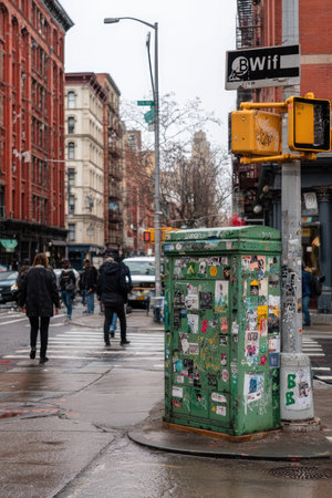 An urban street scene depicts people walking across a crosswalk near a weathered green utility box. The image showcases brick buildings, streetlights, and traffic signals under an overcast sky. The composition emphasizes the interplay of architecture and human activity, suitable for various editorial and commercial applications.の素材