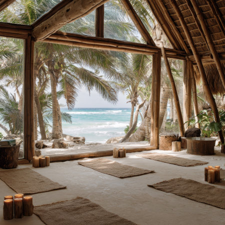An interior space reveals yoga mats and candles arranged with an ocean backdrop. The structure features wooden beams and natural textures. Daylight streams through large windows, illuminating the scene. Suitable for wellness, relaxation, and lifestyle concepts, the image offers visual storytelling possibilities.の素材