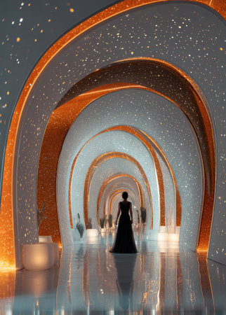 A woman stands silhouetted within a modern, arched hallway. The composition features repeating archways with warm, golden accents against a cool, reflective surface. The image exhibits a minimalist style, possibly suggesting architectural or design concepts. It may be suitable for use in design, editorial, or commercial projects.の素材