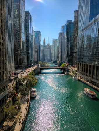 A vibrant image captures a river flowing through a modern city, flanked by towering skyscrapers. The water reflects the clear blue sky, creating a contrasting interplay of light and shadow. The composition features boats, bridges, and city elements, suitable for various commercial uses.の素材