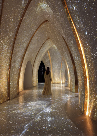 A woman stands in a long hallway with arched ceilings and walls illuminated with a starry pattern. The scene presents a futuristic architectural design. A flowing dress contrasts with the modern, textured elements. Ideal for editorial content, the image could be used to represent concepts such as space exploration, artistic design, or advanced technology.の素材