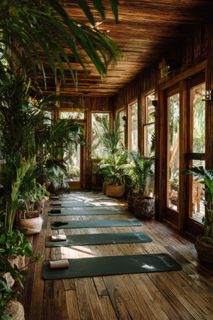 An indoor yoga studio is captured with multiple exercise mats laid out for practice. The space features large windows and extensive use of wood, offering natural light and a serene atmosphere. This setting is filled with potted plants and could be used for wellness, fitness, or lifestyle content.の素材