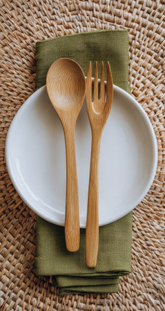 A close-up shot features a white plate with a wooden spoon and fork, presented on a green cloth. The items are set against a textured, light-brown background, suggesting a natural aesthetic. This composition and lighting are suitable for use in culinary articles, food blogs, or lifestyle content.の素材