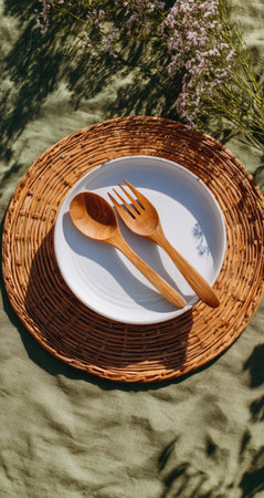 An overhead shot reveals a white plate holding wooden spoon and fork. It rests upon a woven mat, with a green textile beneath. The scene is illuminated by natural sunlight, creating shadows. This image is suitable for various commercial uses, including food, lifestyle, or design projects.の素材