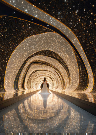 A woman in a white dress stands at the end of a long tunnel, surrounded by luminous, arching pathways. Warm, golden light reflects from the surfaces and ceiling. The composition utilizes symmetry. The image might be suitable for artistic, conceptual projects, or themed commercial designs.の素材